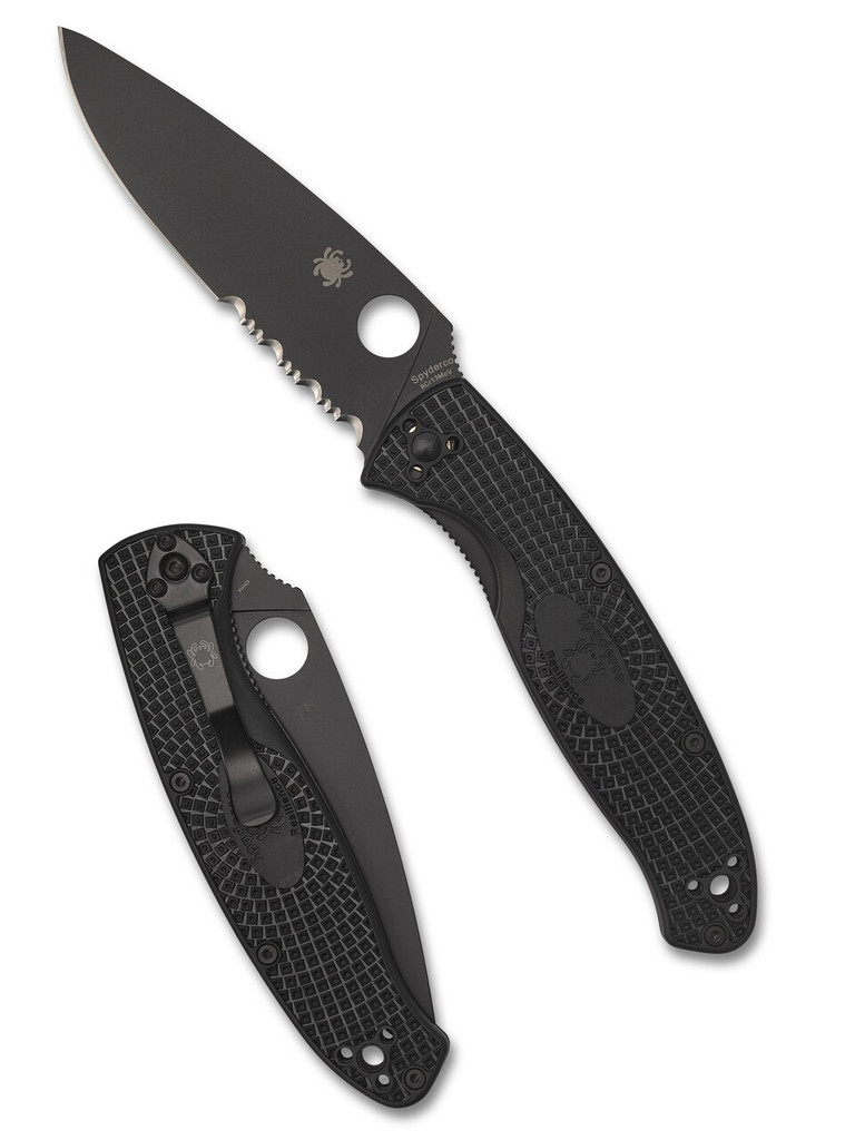 Spyderco Resilience folding knife with thumb hole - shown open presentation side and closed pocket clip side.  Black 8Cr13MoV stainless steel combo edge blade.  Black FRN handle.  Model C142PSBBK.
For reference only.