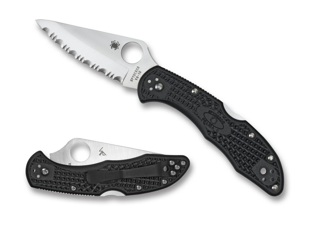Spyderco Delica 4 folding knife with thumb hole - shown open presentation side and closed pocket clip side.  Satin VG-10 stainless steel serrated edge blade.  Black FRN handle.  Model C11SBK.