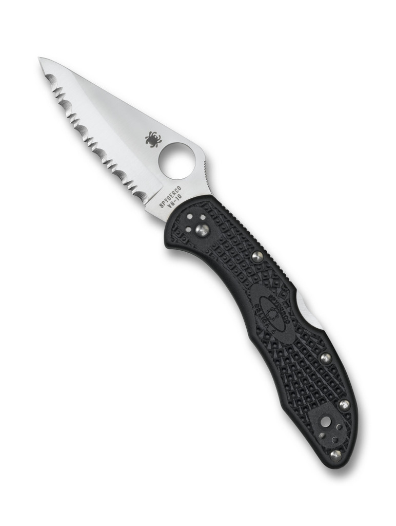 Spyderco Delica 4 folding knife with thumb hole - shown open presentation side.  Satin VG-10 stainless steel serrated edge blade.  Black FRN handle.  Model C11SBK.