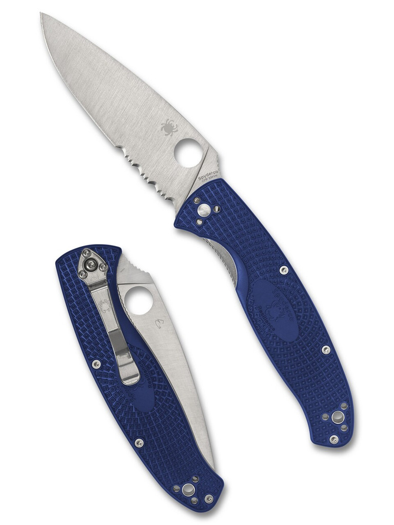 Spyderco Resilience folding knife with thumb hole - shown open presentation side and closed pocket clip side.  Satin S35VN stainless steel combo edge blade.  Blue FRN handle.  Model C142PSBL.
