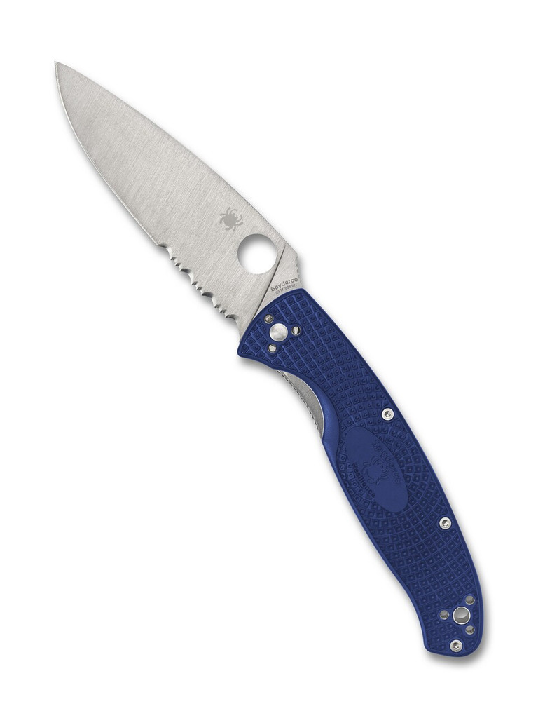 Spyderco Resilience folding knife with thumb hole - shown open presentation side.  Satin S35VN stainless steel combo edge blade.  Blue FRN handle.  Model C142PSBL.