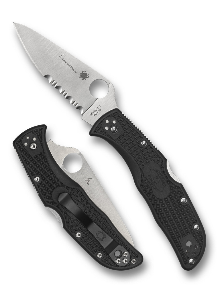 Spyderco Endela Thin Blue Line folding knife with thumb hole - shown open presentation side and closed pocket clip side.  Satin VG-10 stainless steel combo edge blade.  Black FRN handle.  Model C243FPSBKBL.
For reference only.