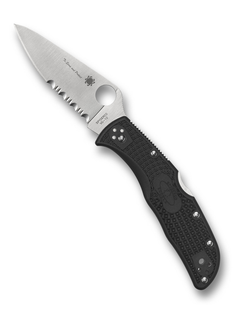 Spyderco Endela Thin Blue Line folding knife with thumb hole - shown open presentation side.  Satin VG-10 stainless steel combo edge blade.  Black FRN handle.  Model C243FPSBKBL.
For reference only.