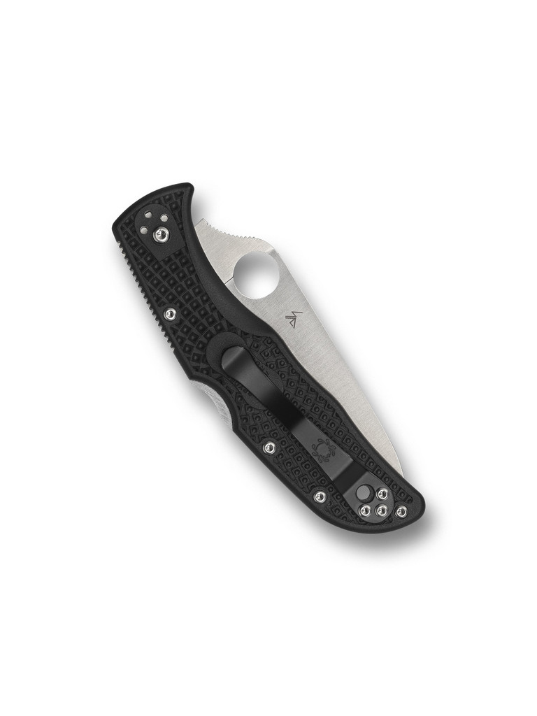 Spyderco Endela Thin Red Line folding knife with thumb hole - shown closed pocket clip side.  Satin VG-10 stainless steel combo edge blade.  Black FRN handle.  Model C243FPSBKRD.
For reference only.