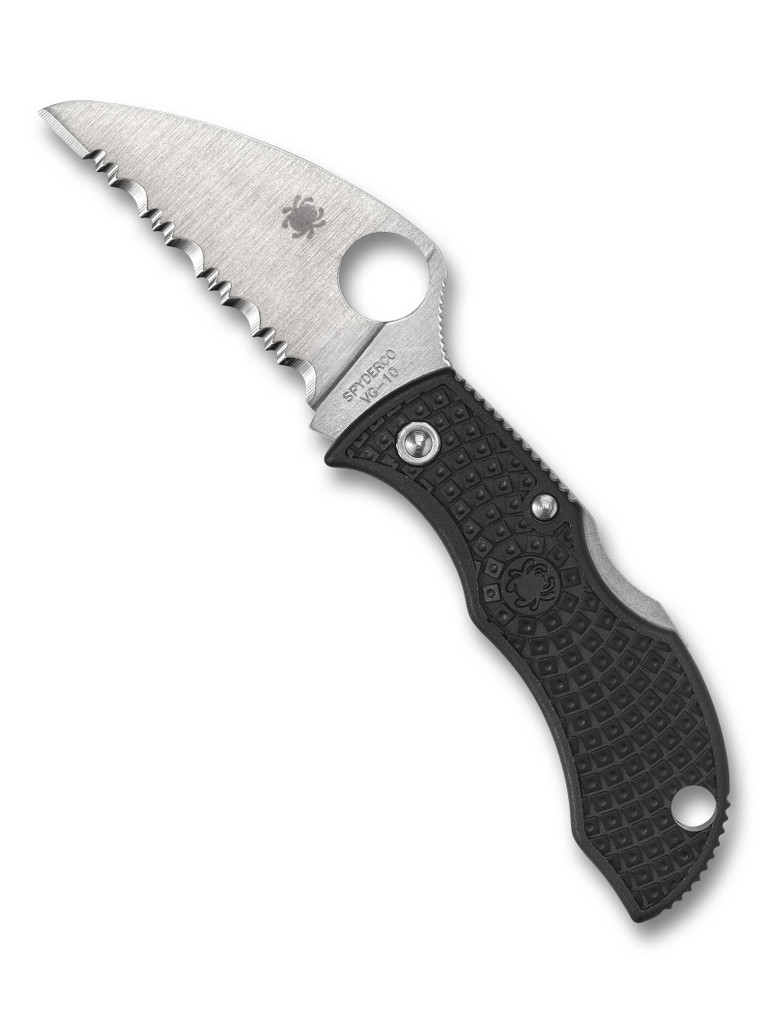 Spyderco Manbug wharncliffe folding knife with thumb hole - shown open obverse.  Satin VG-10 stainless steel serrated edge blade.  Black FRN handle.  Model MBKWS.
