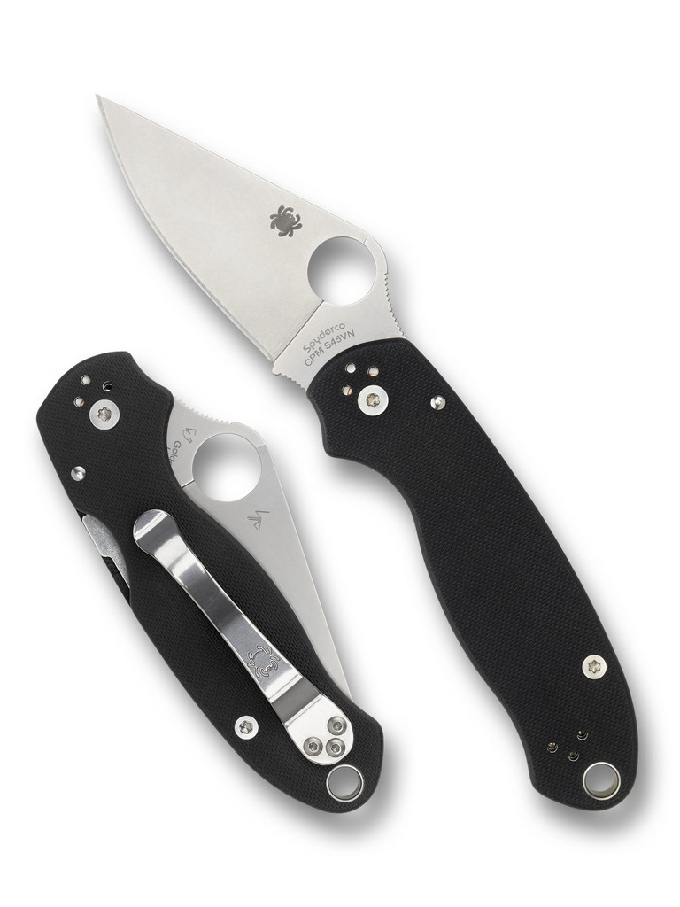 Spyderco Para 3 folding knife with thumb hole - shown open presentation side and closed pocket clip side.  Satin S45VN stainless steel plain edge blade. Black G-10 handle.  Model C223GP.
