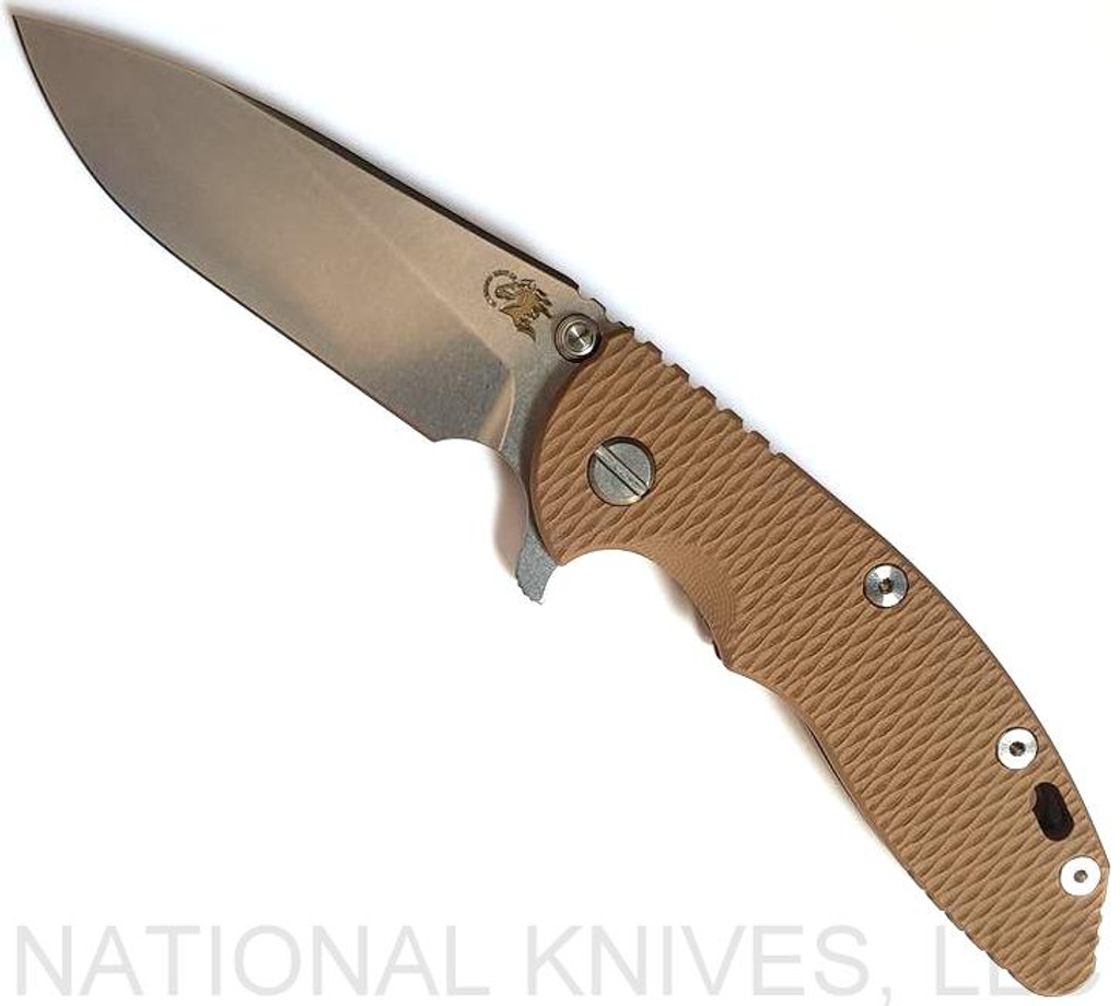 Rick Hinderer Knives XM-18 3.5" Slicer folding knife with thumb stud and flipper tab - shown open presentation side.  Stonewash 20CV stainless steel plain edge blade.  Coyote G-10 handle with stonewash bronze lock side.  Model K310102S000.