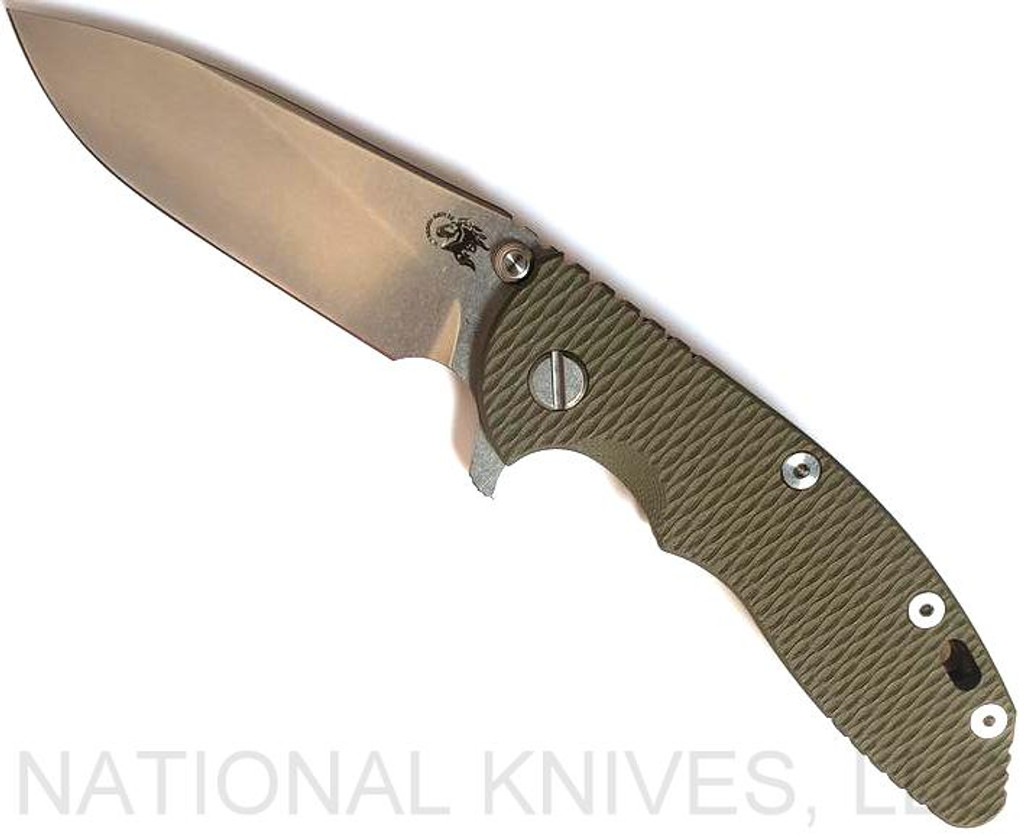 Rick Hinderer Knives XM-18 Slicer Folding Knife, Stonewash 3.5" Plain Edge 20CV Blade, Stonewash Bronze Lock Side, OD Green G-10 Handle - Tri-Way Pivot