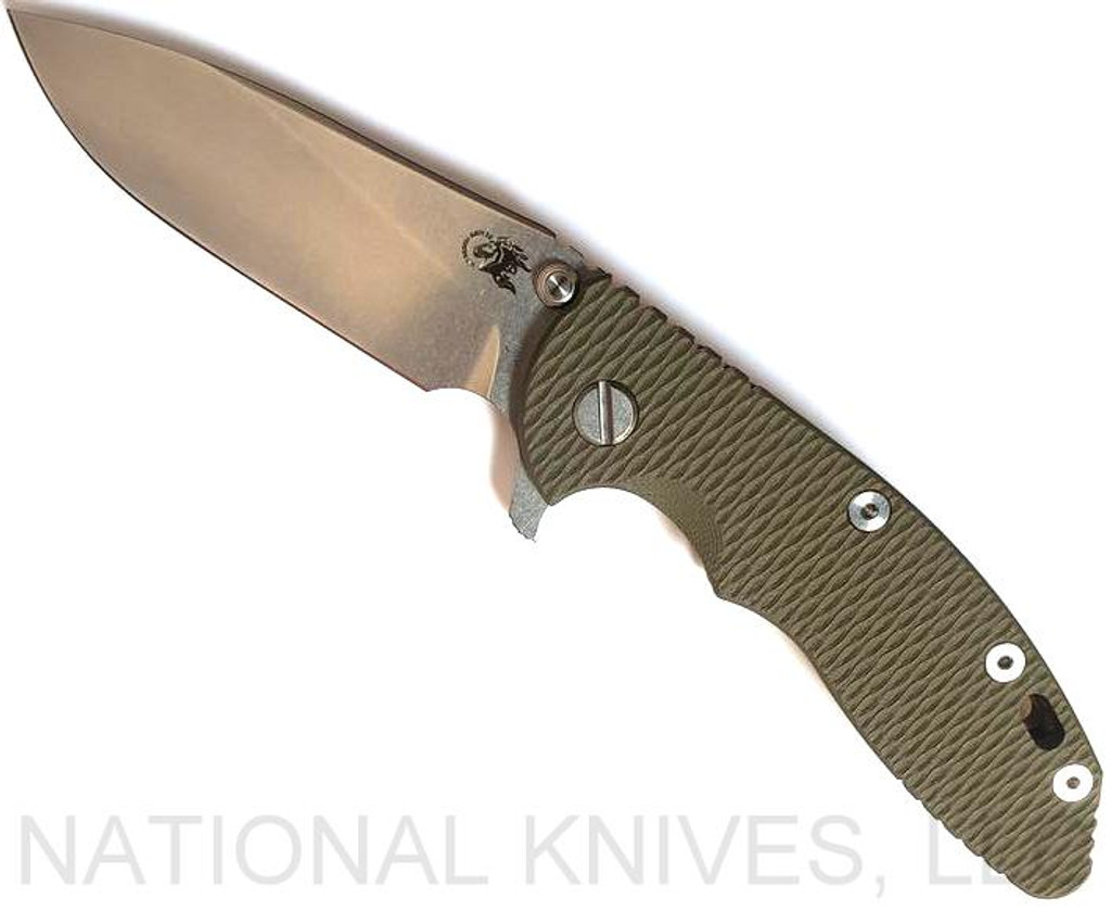 Rick Hinderer Knives XM-18 3.5" Slicer folding knife with thumb stud and flipper tab - shown open presentation side.  Stonewash 20CV stainless steel plain edge blade.  OD green G-10 handle with stonewash bronze lock side.  Model K310102S000.