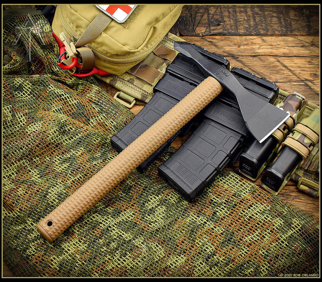 American Tomahawk Company Model 1 - shown out of scabbard obverse.  Black 1060 steel head.  Coyote Brown nylon handle.  Model ATC-NYLON1-CB-B.