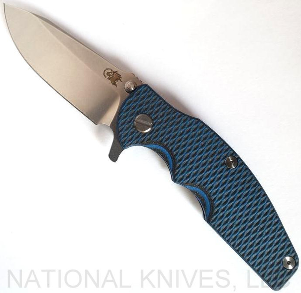 Rick Hinderer Knives Jurassic Spear Point Folding Knife, Stonewashed 3.25" Plain Edge 20CV Blade. Stonewashed Blue Lock Side, Blue - Black G-10 Handle - Tri-Way Pivot