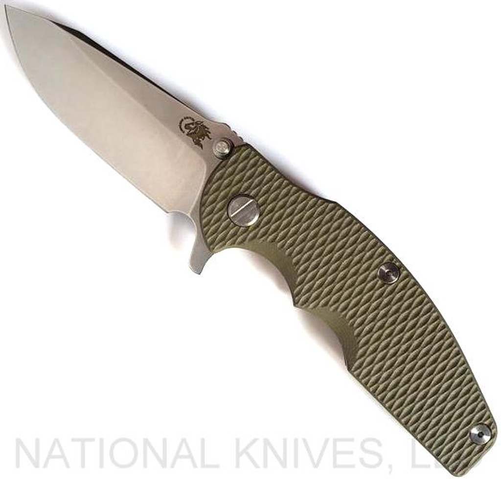 Rick Hinderer Knives Jurassic Spear Point Folding Knife, Stonewashed 3.25" Plain Edge 20CV Blade. Stonewashed Bronze Lock Side, OD Green G-10 Handle - Tri-Way Pivot