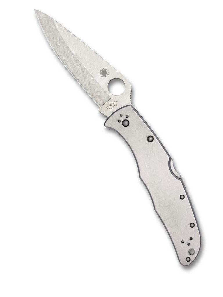 Spyderco Endura 4 folding knife with thumb hole - shown open presentation side.  Satin VG-10 stainless steel plain edge blade.  Stainless steel handle.  Model C10P.