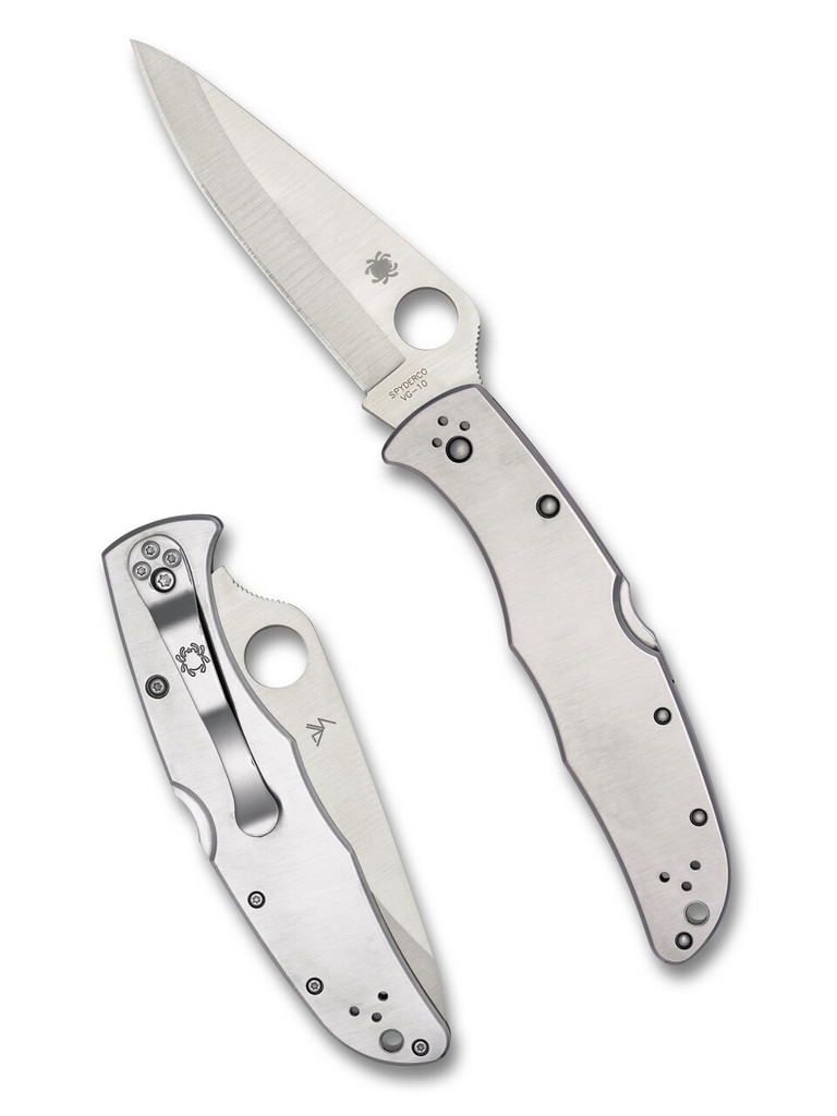 Spyderco Endura 4 folding knife with thumb hole - shown open presentation side and closed pocket clip side.  Satin VG-10 stainless steel plain edge blade.  Stainless steel handle.  Model C10P.