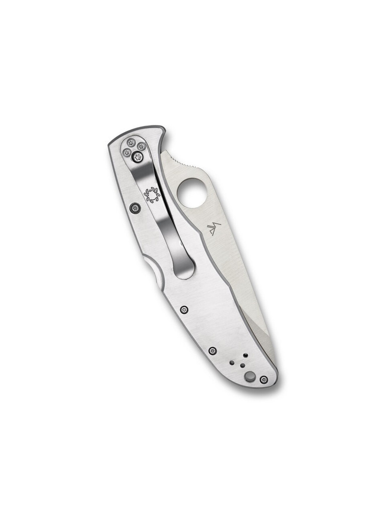Spyderco Endura 4 folding knife with thumb hole - shown closed pocket clip side.  Satin VG-10 stainless steel plain edge blade.  Stainless steel handle.  Model C10P.