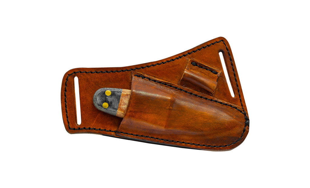 Condor Tool and Knife Primitive Bush Dagger fixed blade knife - shown in sheath obverse.  1075 HC steel plain edge blade.  Micarta handle.  Model CTK3923-2.6HC.