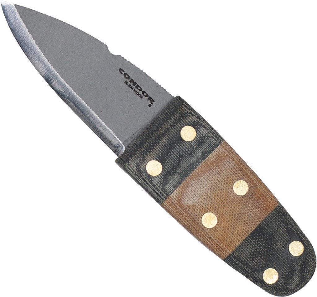 Condor Tool and Knife Primitive Bush Dagger fixed blade knife - shown out of sheath reverse.  1075 HC steel plain edge blade.  Micarta handle.  Model CTK3923-2.6HC.