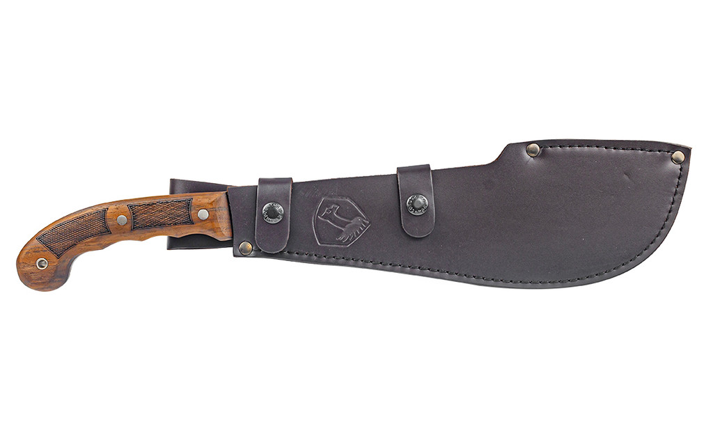 Condor Tool and Knife Departure Bolo machete - shown in sheath obverse.  1075 HC steel plain edge blade.  Wood handle.  Model CTK3955-12.2HC.