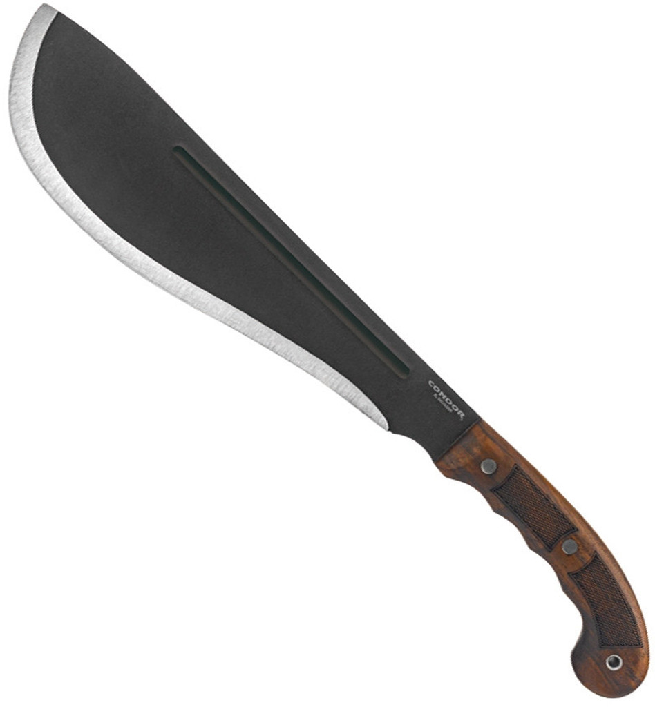 Condor Tool and Knife Departure Bolo machete - shown out of sheath reverse.  1075 HC steel plain edge blade.  Wood handle.  Model CTK3955-12.2HC.
