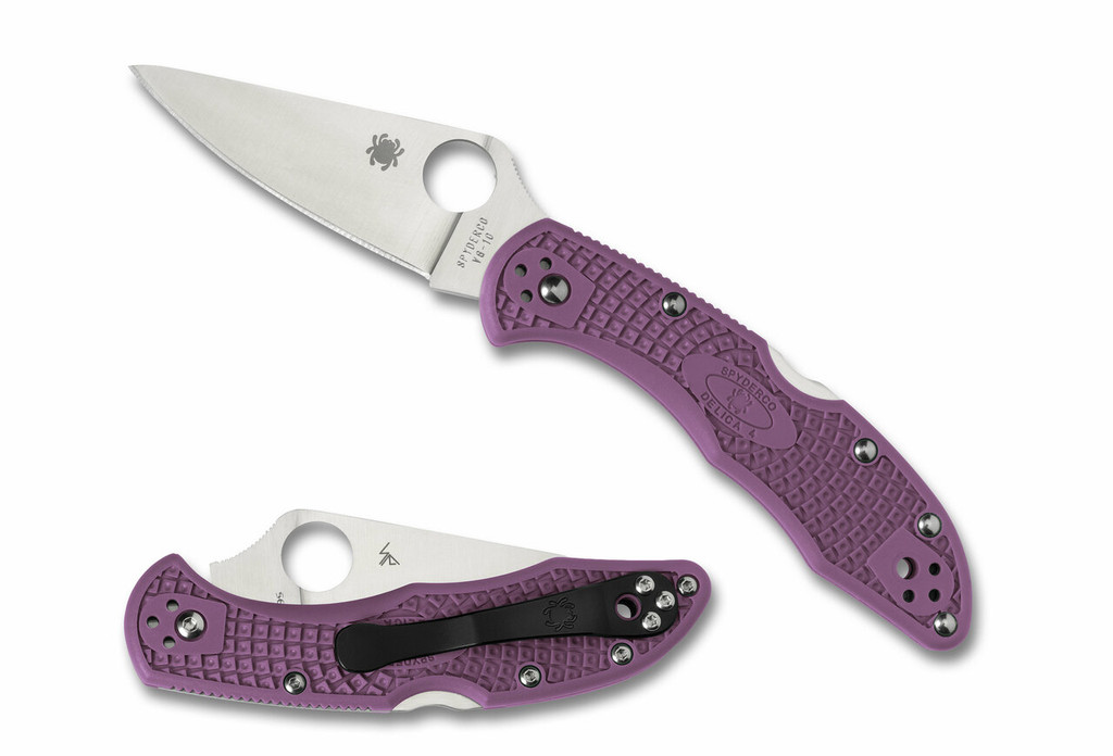 Spyderco Delica 4 folding knife with thumb hole - shown open presentation side and closed pocket clip side.  Satin VG-10 stainless steel plain edge blade.  Purple FRN handle.  Model C11FPPR.