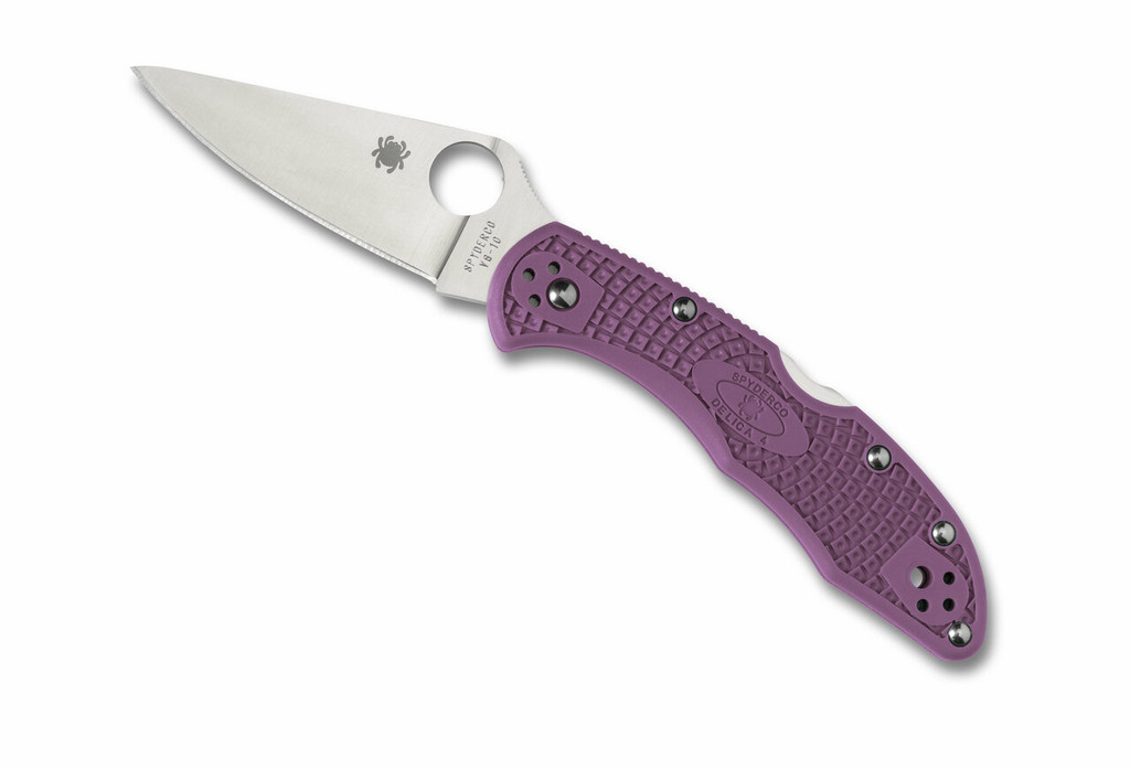 Spyderco Delica 4 folding knife with thumb hole - shown open presentation side.  Satin VG-10 stainless steel plain edge blade.  Purple FRN handle.  Model C11FPPR.