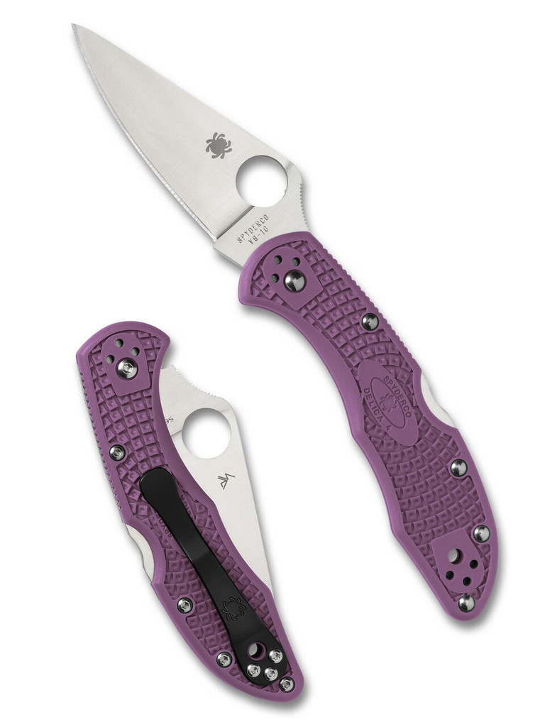 Spyderco Delica 4 folding knife with thumb hole - shown open presentation side and closed pocket clip side.  Satin VG-10 stainless steel plain edge blade.  Purple FRN handle.  Model C11FPPR.