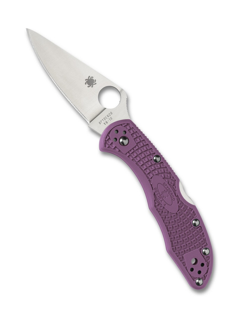 Spyderco Delica 4 folding knife with thumb hole - shown open presentation side.  Satin VG-10 stainless steel plain edge blade.  Purple FRN handle.  Model C11FPPR.