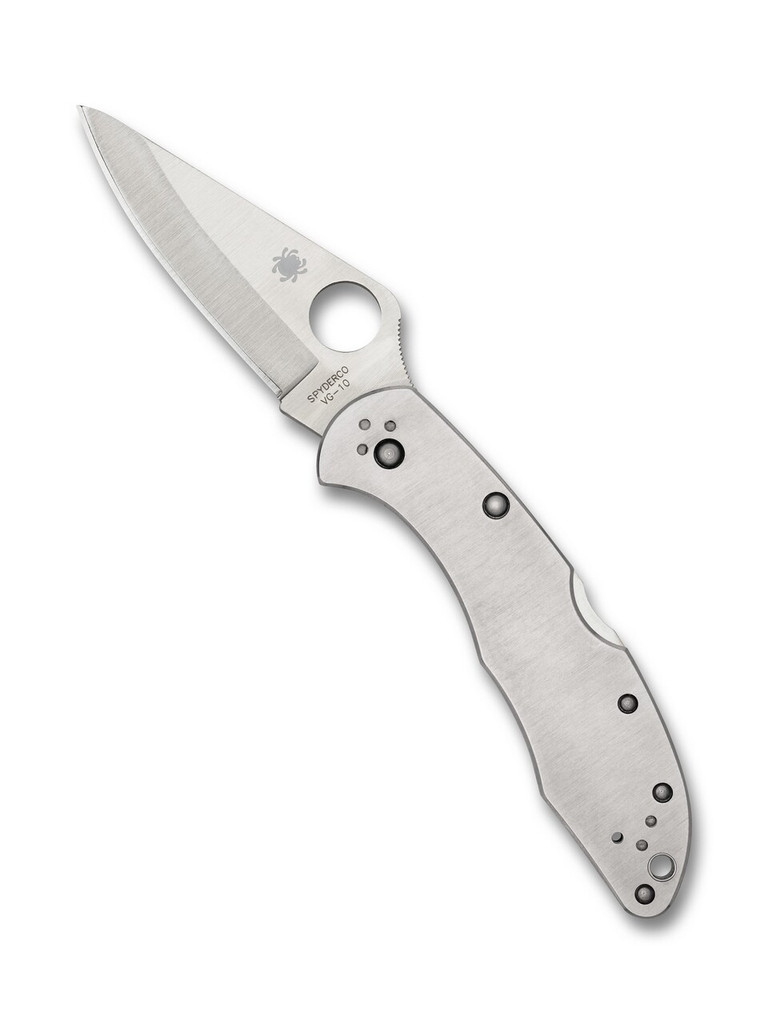 Spyderco Delica 4 folding knife with thumb hole - shown open presentation side.  Satin VG-10 stainless steel plain edge blade.  Stainless steel handle.  Model C11P.
