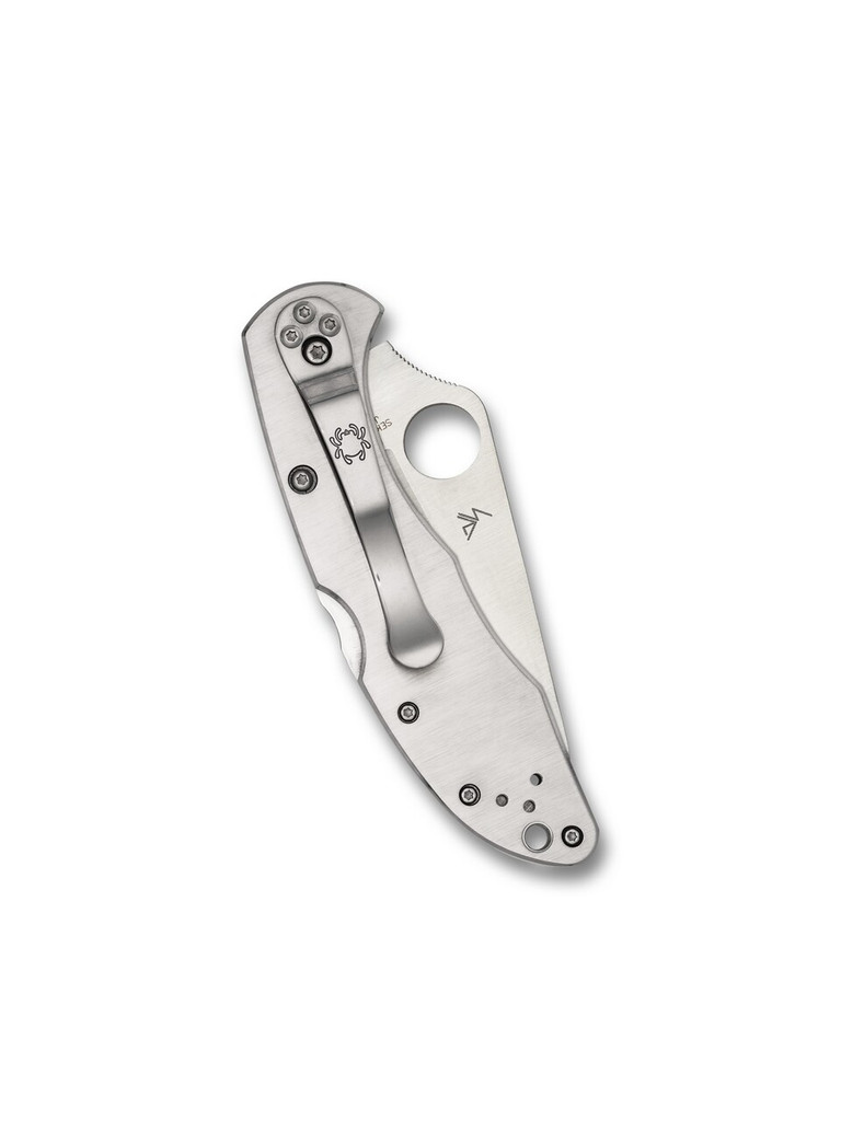 Spyderco Delica 4 folding knife with thumb hole - shown closed pocket clip side.  Satin VG-10 stainless steel plain edge blade.  Stainless steel handle.  Model C11P.