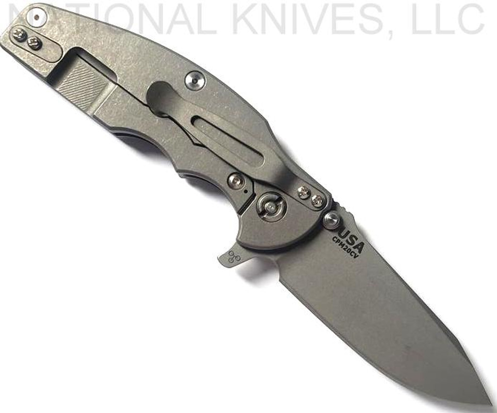 Rick Hinderer Knives Jurassic Spear Point Folding Knife, Working Finish 3.25" Plain Edge 20CV Blade, Working Finish Lock Side, Gray G-10 Handle - Tri-Way Pivot