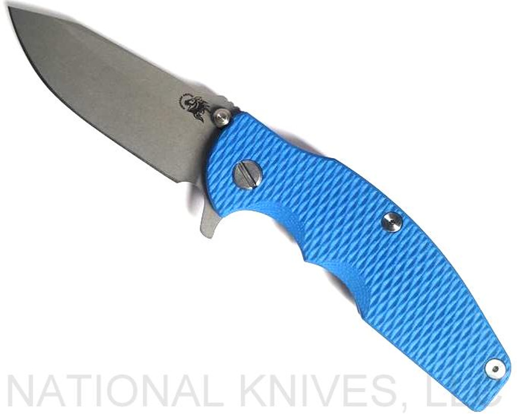 Rick Hinderer Knives Jurassic Spear Point Folding Knife, Working Finish 3.25" Plain Edge 20CV Blade, Battle Blue Lock Side, Blue G-10 Handle - Tri-Way Pivot