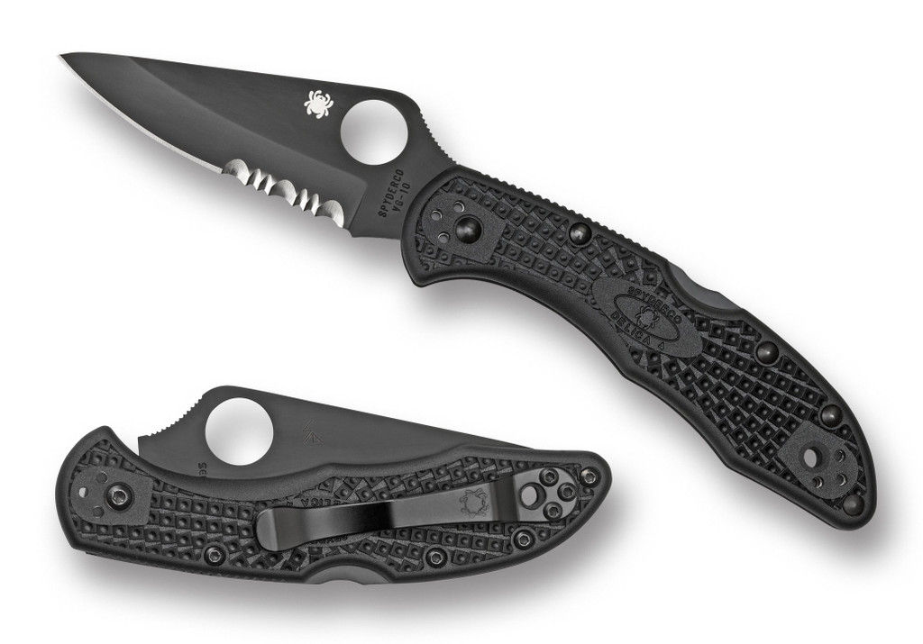 Spyderco Delica 4 folding knife with thumb hole - shown open presentation side and closed pocket clip side.  Black VG-10 stainless steel combo edge blade.  Black FRN handle.  Model C11PSBBK.

