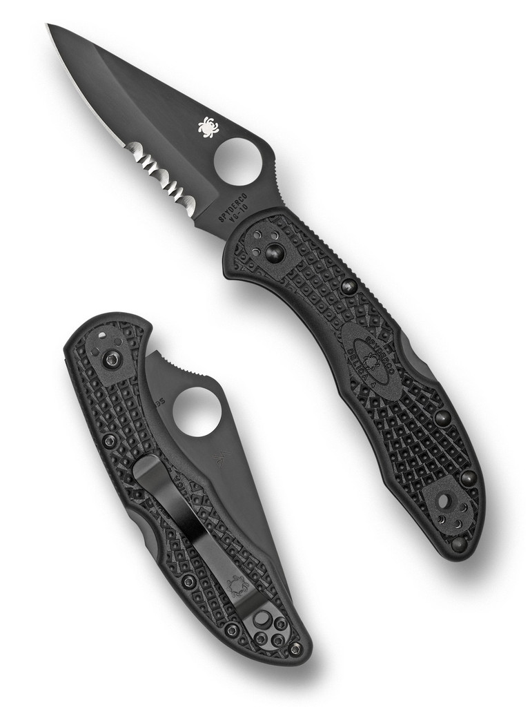 Spyderco Delica 4 folding knife with thumb hole - shown open presentation side and closed pocket clip side.  Black VG-10 stainless steel combo edge blade.  Black FRN handle.  Model C11PSBBK.