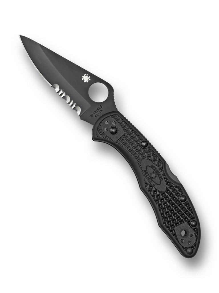 Spyderco Delica 4 folding knife with thumb hole - shown open presentation side.  Black VG-10 stainless steel combo edge blade.  Black FRN handle.  Model C11PSBBK.