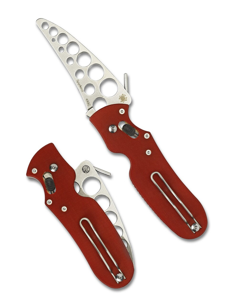 Spyderco P'Kal Trainer folding knife with thumb hole and Emerson wave opener - shown open presentation side and closed pocket clip side.  440C stainless steel trainer blade.  Red G-10 handle.  Model C103TR.