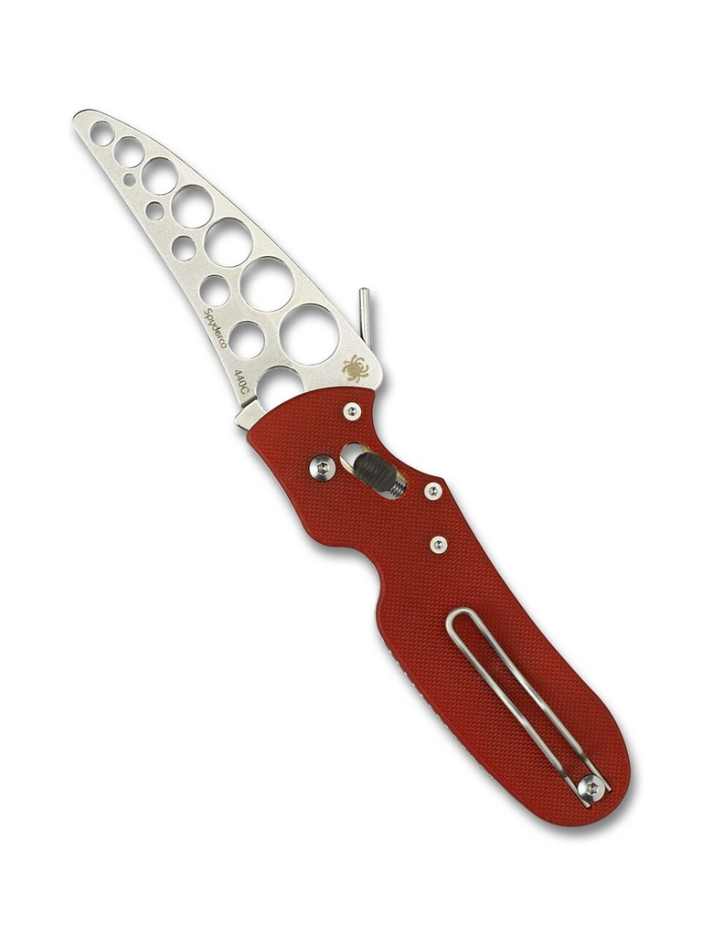 Spyderco P'Kal Trainer folding knife with thumb hole and Emerson wave opener - shown open presentation side.  440C stainless steel trainer blade.  Red G-10 handle.  Model C103TR.