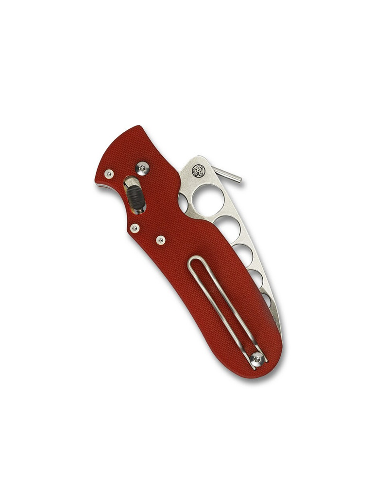 Spyderco P'Kal Trainer folding knife with thumb hole and Emerson wave opener - shown closed pocket clip side.  440C stainless steel trainer blade.  Red G-10 handle.  Model C103TR.