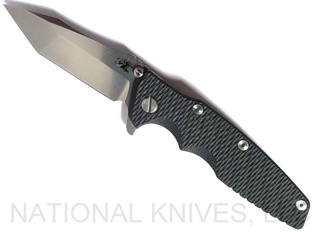 Rick Hinderer Knives Eklipse Tanto folding knife with thumb stud and flipper tab - shown open presentation side.  Stonewash 20CV stainless steel plain edge blade.  Black G-10 handle with stonewash lock side.  Model K40042SGS00.
