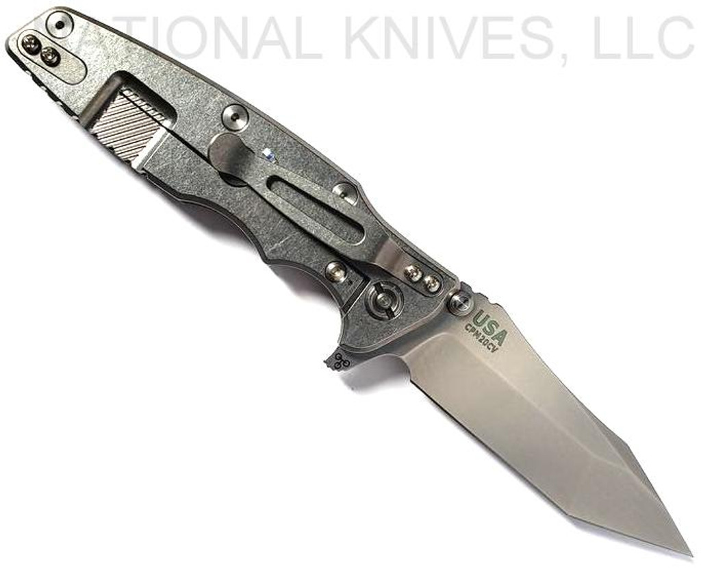 Rick Hinderer Knives Eklipse Tanto folding knife with thumb stud and flipper tab - shown open lock side.  Stonewash 20CV stainless steel plain edge blade.  Black G-10 handle with stonewash lock side.  Model K40042SGS00.
