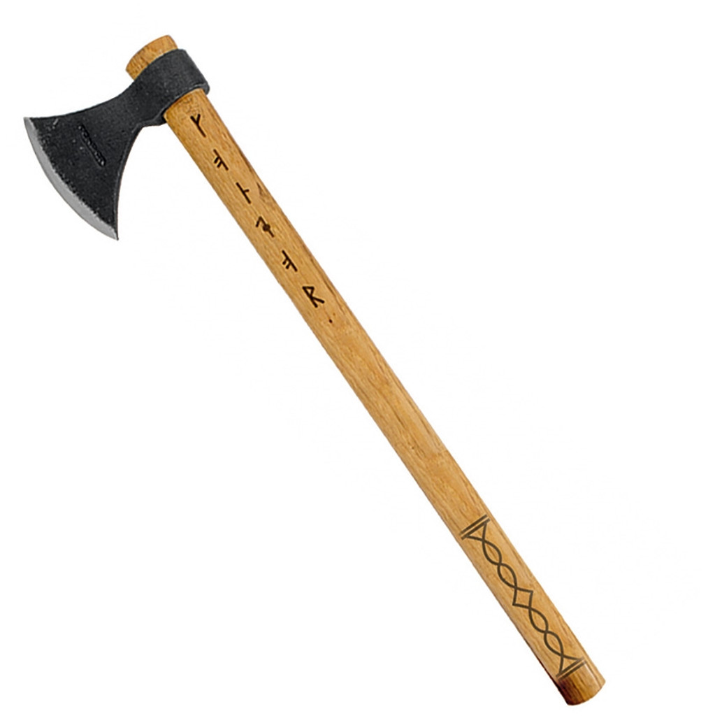 Condor Tool and Knife Valhalla Series Throwing Tomahawk - shown out of sheath obverse.  1060 steel plain edge head.  Wood handle.  Model CTK1002-1.4.