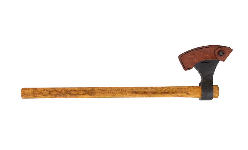Condor Tool and Knife Valhalla Series Throwing Tomahawk - shown in sheath obverse.  1060 steel plain edge head.  Wood handle.  Model CTK1002-1.4.