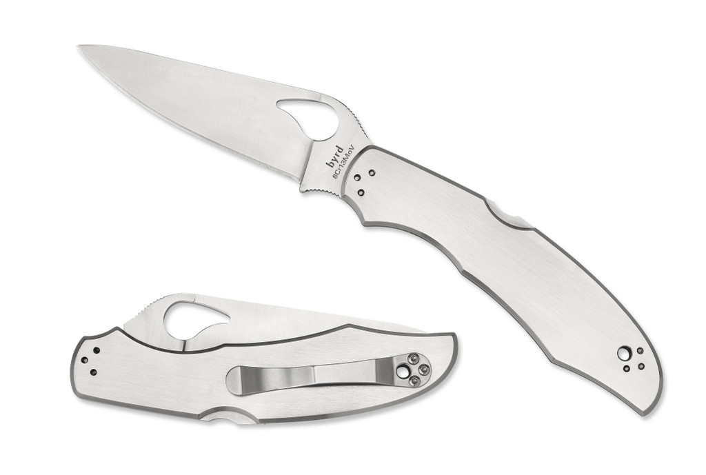 Byrd Cara Cara 2 folding knife with thumb slot - shown both open presentation side and closed pocket clip side.  Satin 8Cr13MoV stainless steel plain edge blade.  Stainless steel handle.  Model BY03P2.