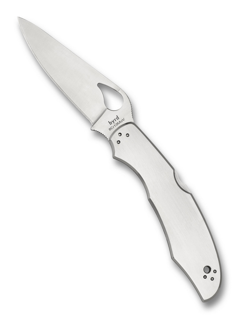 Byrd Cara Cara 2 folding knife with thumb slot - shown open presentation side.  Satin 8Cr13MoV stainless steel plain edge blade.  Stainless steel handle.  Model BY03P2.
