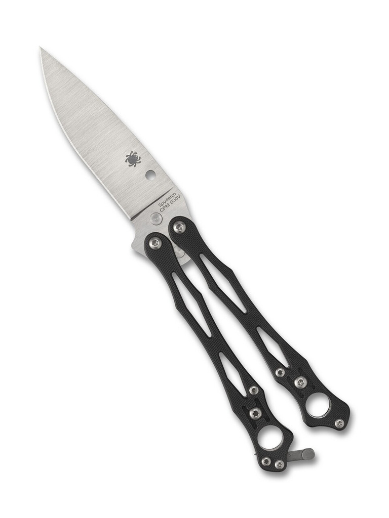 Spyderco Smallfly 2 balisong knife - shown opened.  Satin S30V stainless steel plain edge blade.  Black G-10 handle.  Model B02GP2.