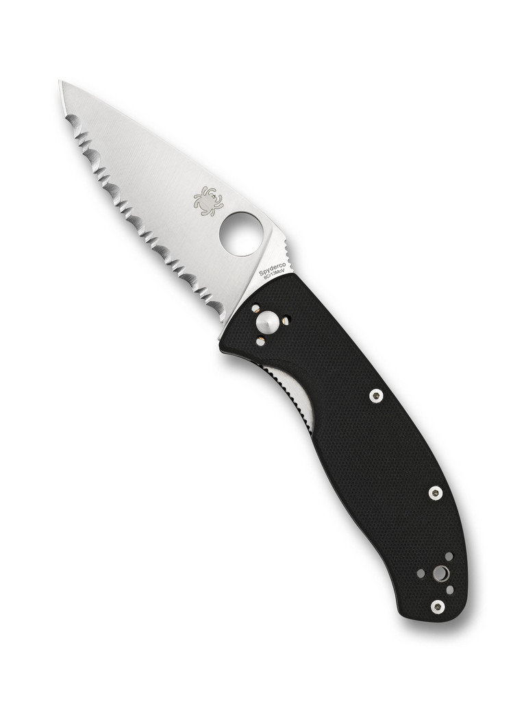 Spyderco Tenacious folding knife with thumb hole - shown open presentation side.  Satin 8Cr13MoV stainless steel serrated edge blade.  Black G-10 handle.  C122GS.
