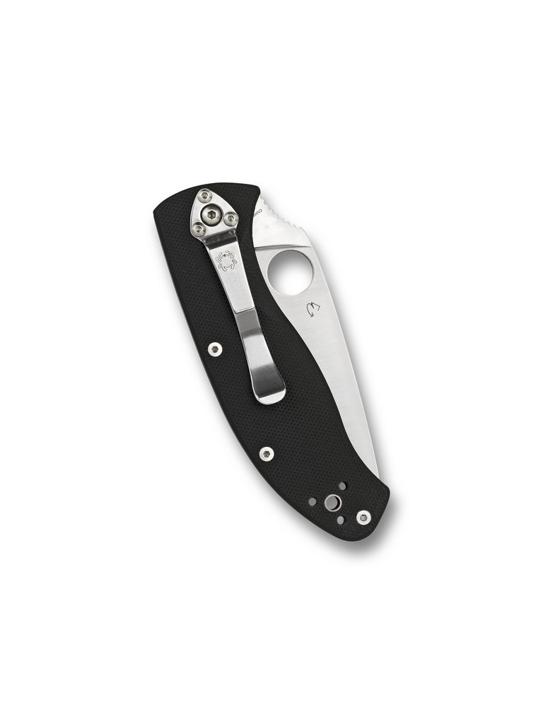 Spyderco Tenacious folding knife with thumb hole - shown closed pocket clip side.  Satin 8Cr13MoV stainless steel serrated edge blade.  Black G-10 handle.  C122GS.