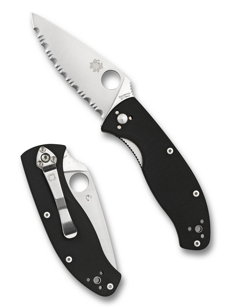 Spyderco Tenacious folding knife with thumb hole - shown open presentation side and closed pocket clip side.  Satin 8Cr13MoV stainless steel serrated edge blade.  Black G-10 handle.  C122GS.