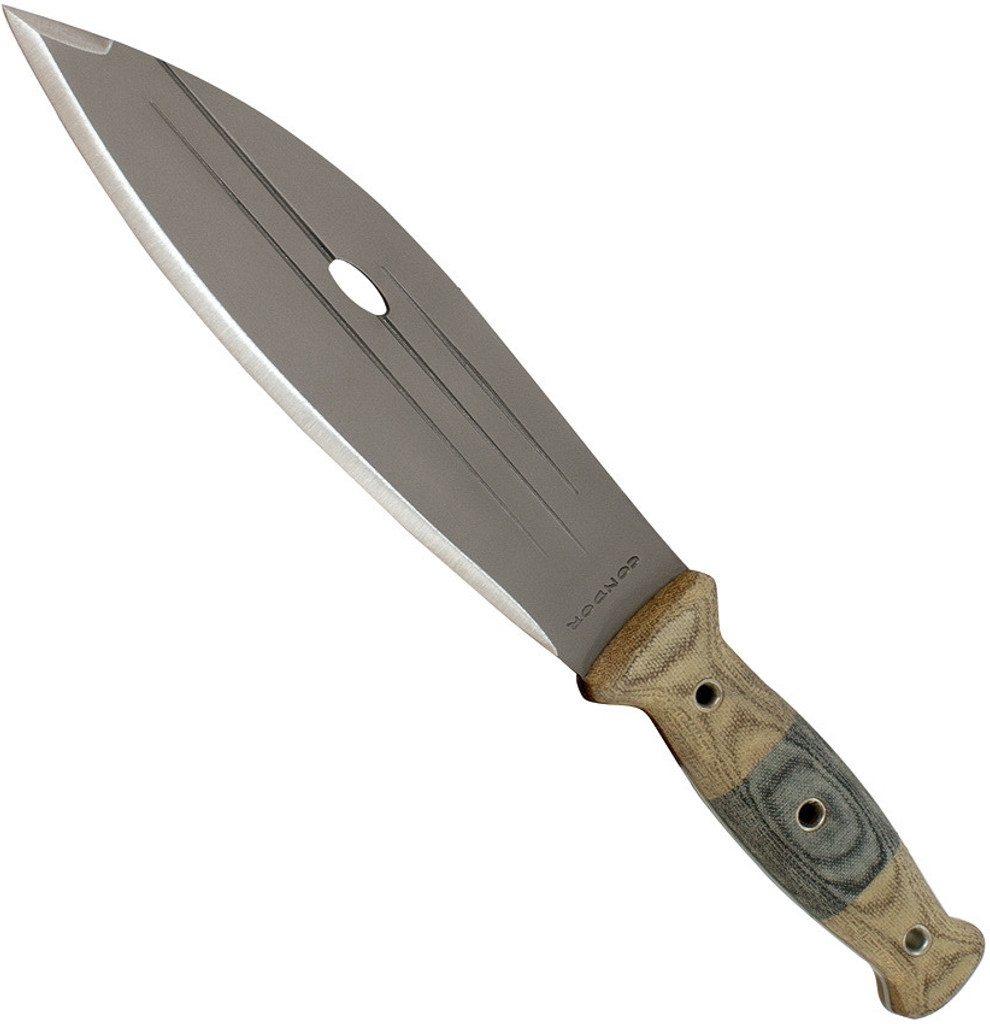 Condor Tool and Knife Primitive Bush fixed blade knife - shown out of sheath reverse.  1075 HC steel plain edge blade.  Micarta handle.  Model CTK242-8HC.