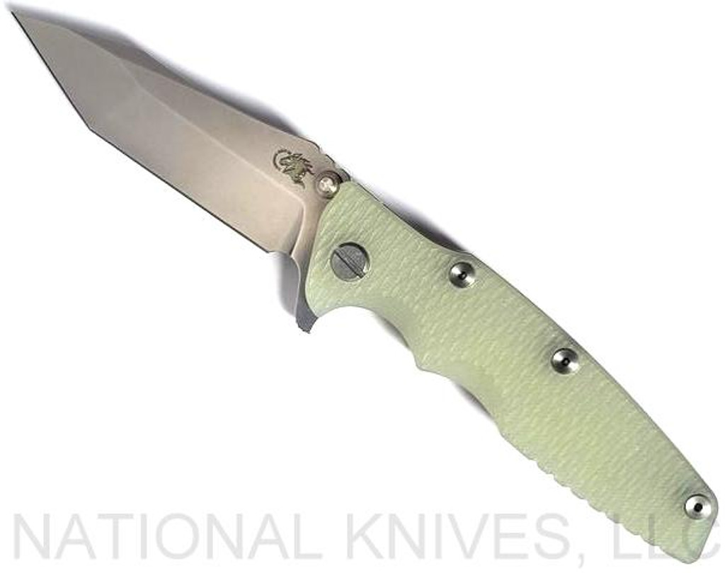 Rick Hinderer Knives Eklipse Tanto folding knife with thumb stud and flipper tab - shown open presentation side.  Stonewash 20CV stainless steel plain edge blade.  Translucent Green G-10 handle with stonewash lock side.  Model K40042SGS00.