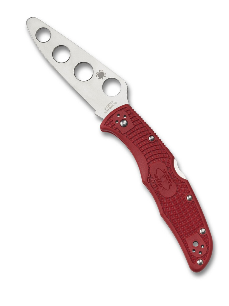 Spyderco Endura 4 Trainer folding knife with thumb hole - shown open presentation side.  AUS-6 stainless steel trainer blade.  Red FRN handle.  Model C10TR.